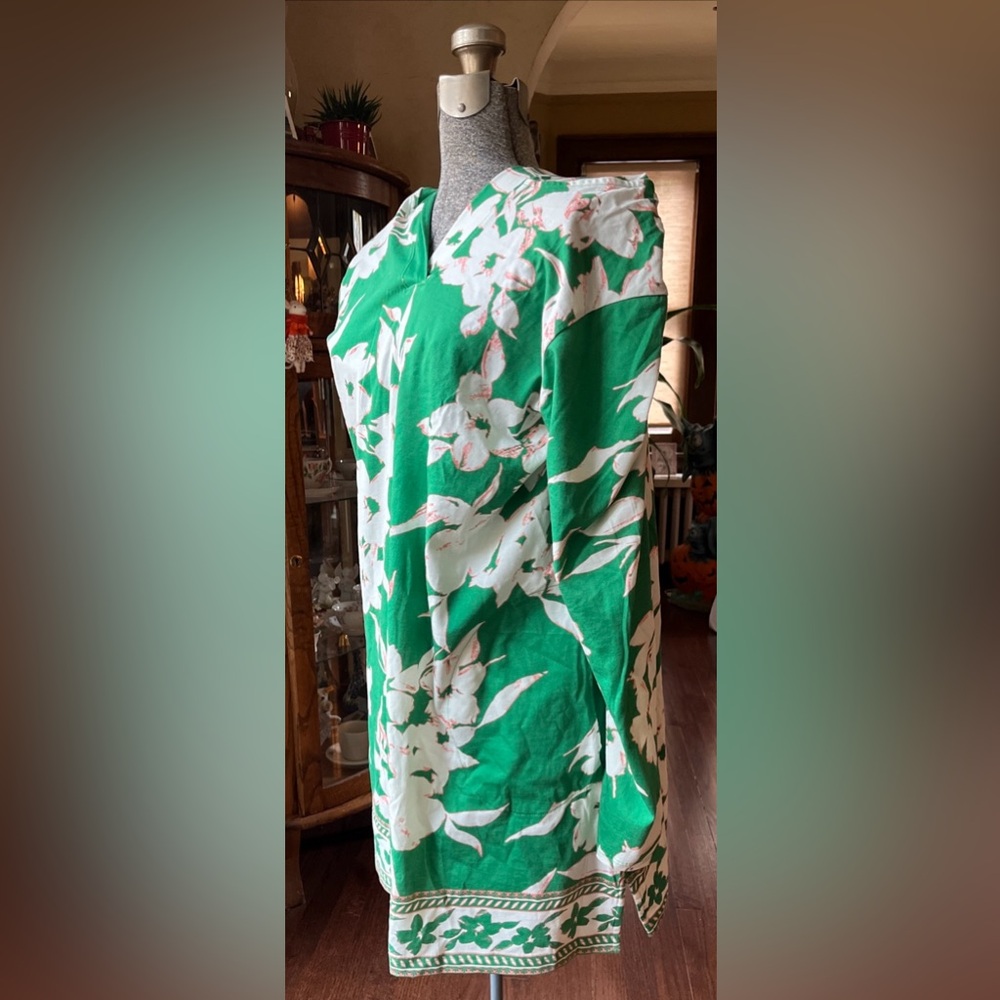 Lands' End Women's Size S 6-8 Green Swim Coverup Vibrant Floral V-neck w/ Hood
